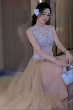 elvira Sequin lace crochet patchwork mesh maxi dress in brown Avalabel