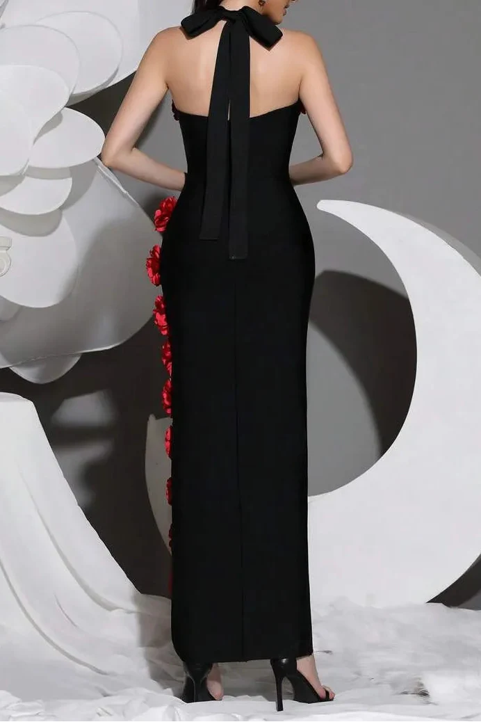 sebastiane Halterneck Flower Bandage Maxi Dress in black Avalabel