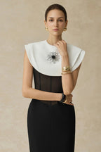 bernice black sleeveless Midi Dress With White Cape Avalabel