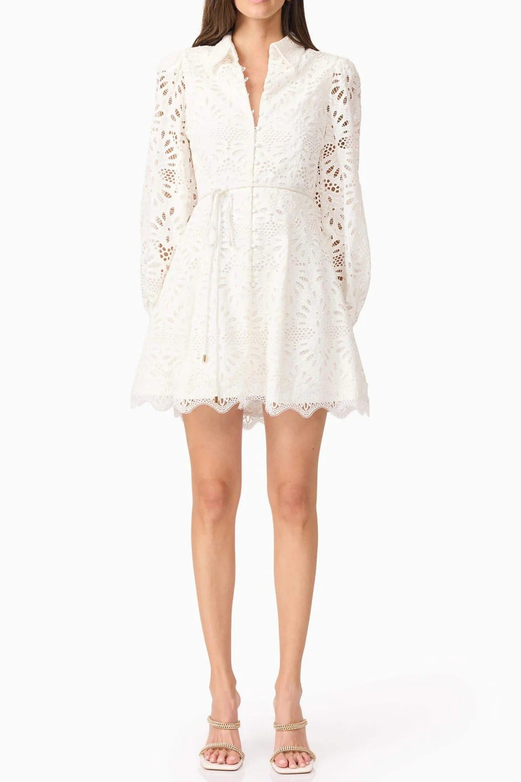 Lapel Hollow Embroidery Puff Sleeve Mini Dress in White Soraya