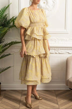 kristin Puff Sleeve Tiered Ruffle Midi Dress - Yellow Avalabel