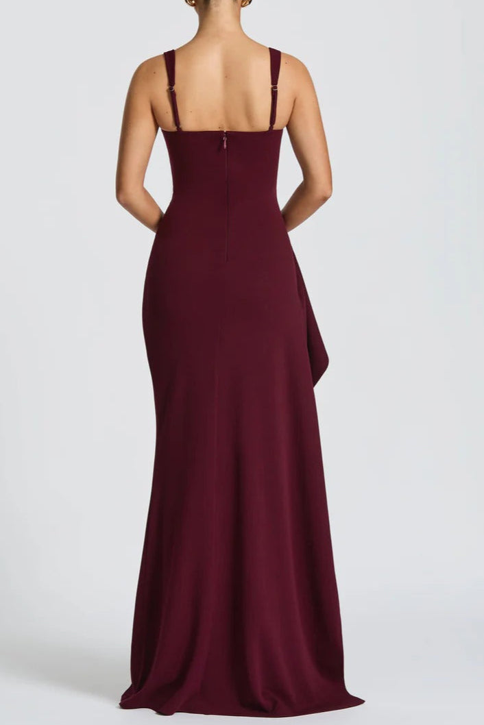 Pleated High Slit Stretch Crepe Maxi Dress in Burgundy Avalabel