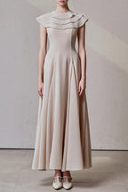 A-line Jewel Neck Viscose Ankle Maxi Dress in Beige Avalabel