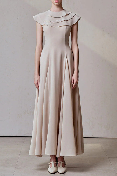 A-line Jewel Neck Viscose Ankle Maxi Dress in Beige Avalabel
