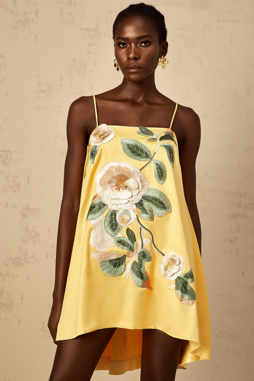Edwina Applique Floral Embroidered Mini Dress in Yellow Avalabel