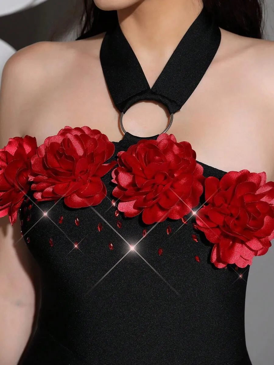 sebastiane Halterneck Flower Bandage Maxi Dress in black Avalabel