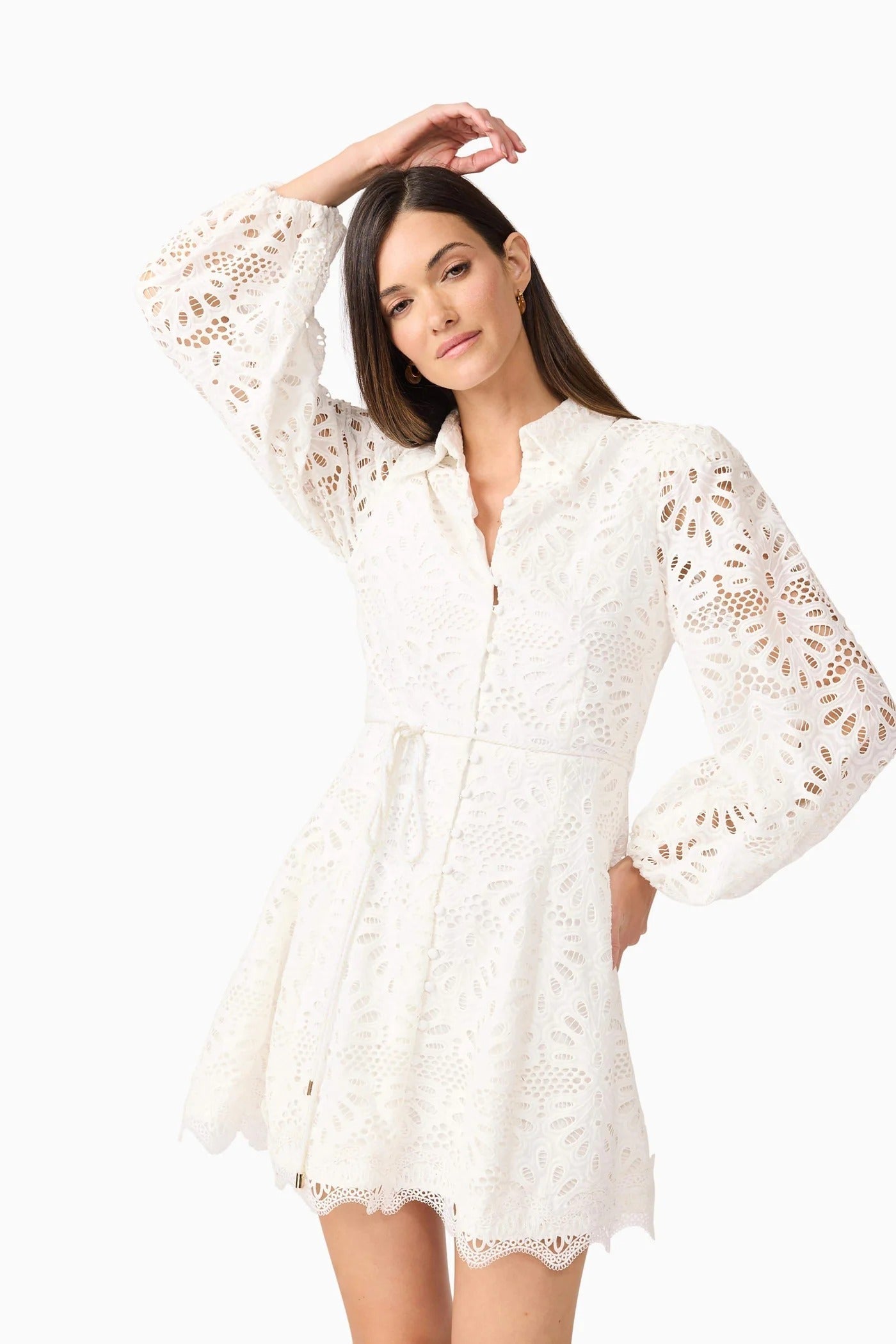 Lapel Hollow Embroidery Puff Sleeve Mini Dress in White Soraya