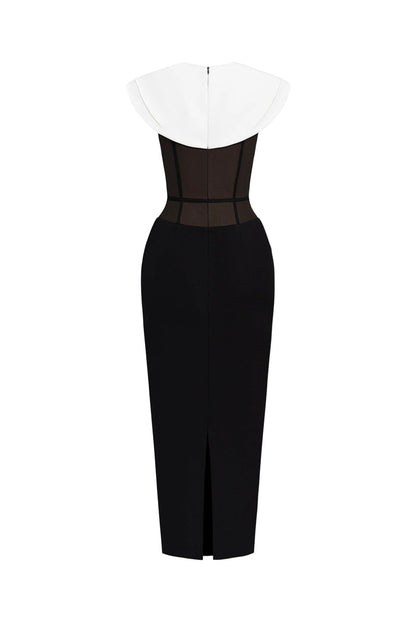 bernice black sleeveless Midi Dress With White Cape
