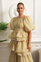 kristin Puff Sleeve Tiered Ruffle Midi Dress - Yellow Avalabel