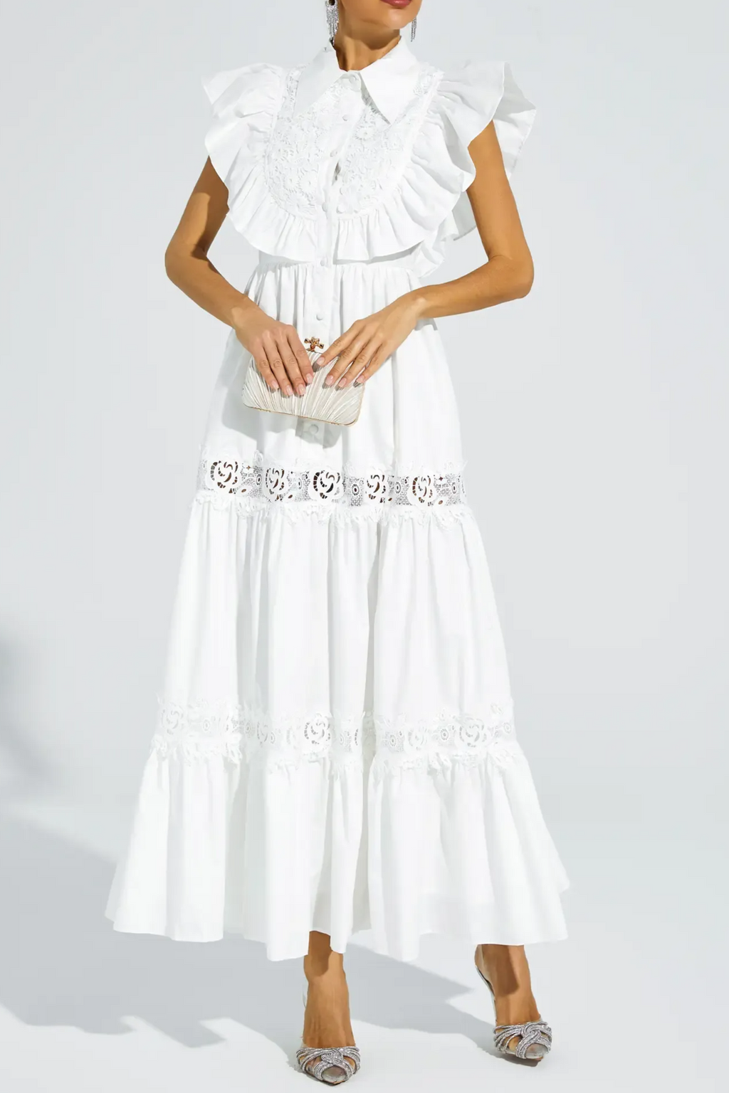 White Sleeveless Ruffle Trim Midi Dress Avalabel