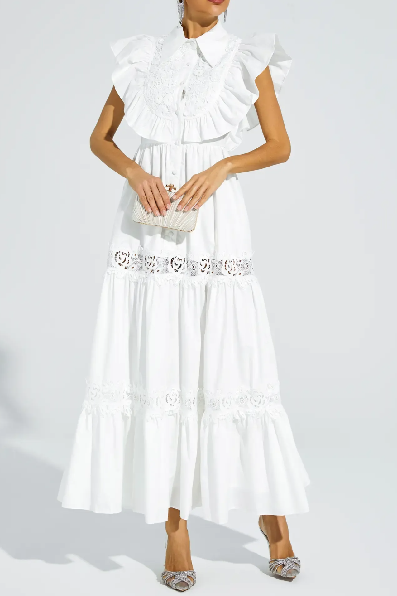 White Sleeveless Ruffle Trim Midi Dress Avalabel