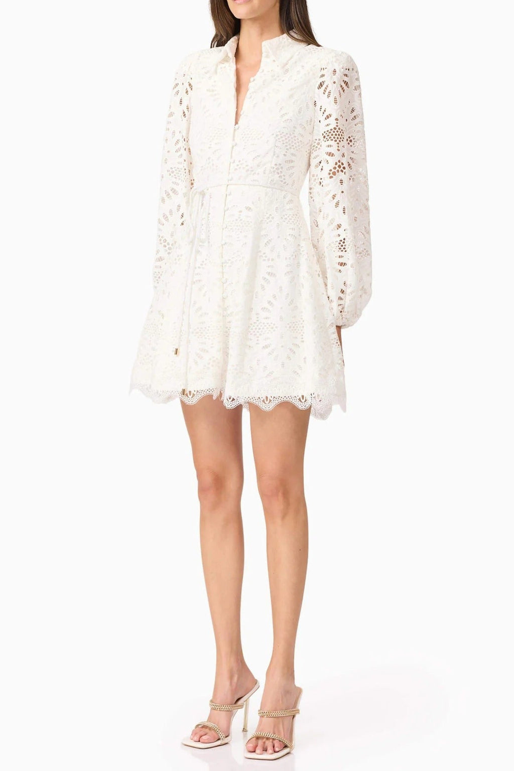 Lapel Hollow Embroidery Puff Sleeve Mini Dress in White Soraya