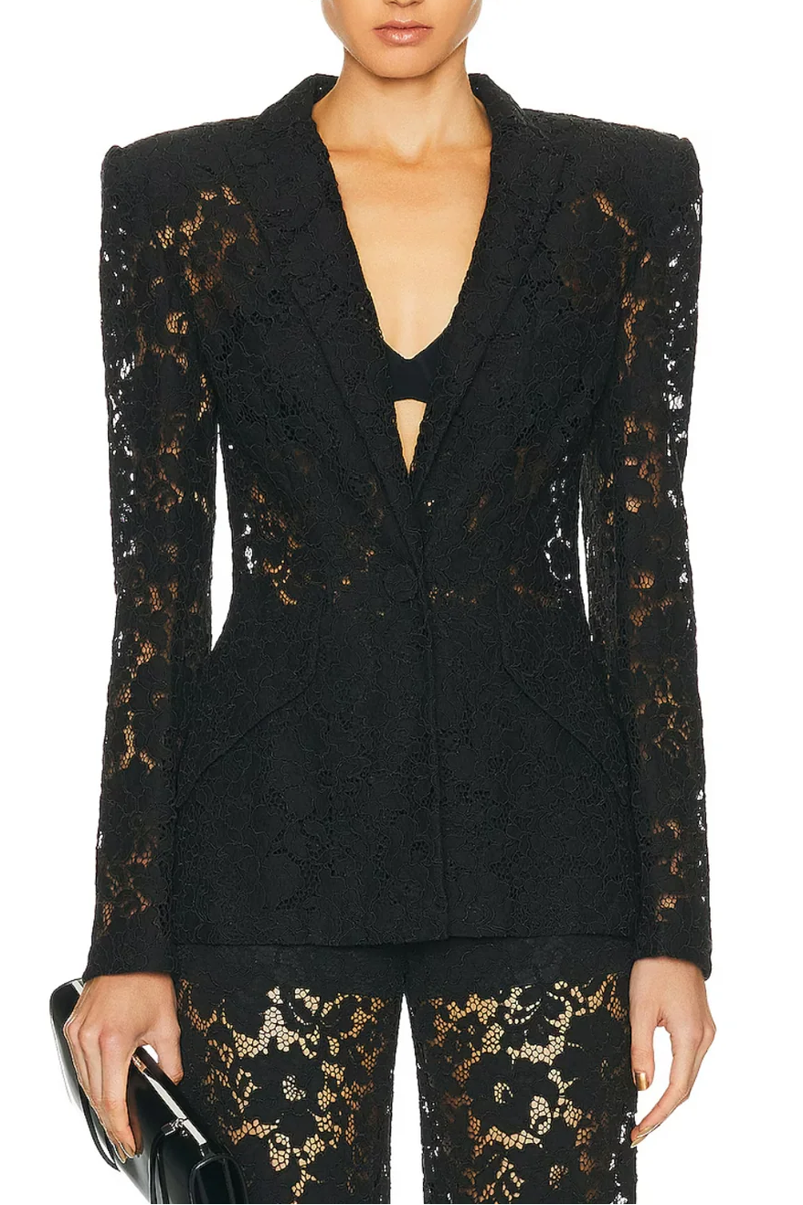 elvira v-neck Lace Blazer set in black Avalabel