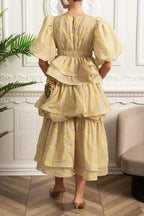 kristin Puff Sleeve Tiered Ruffle Midi Dress - Yellow Avalabel
