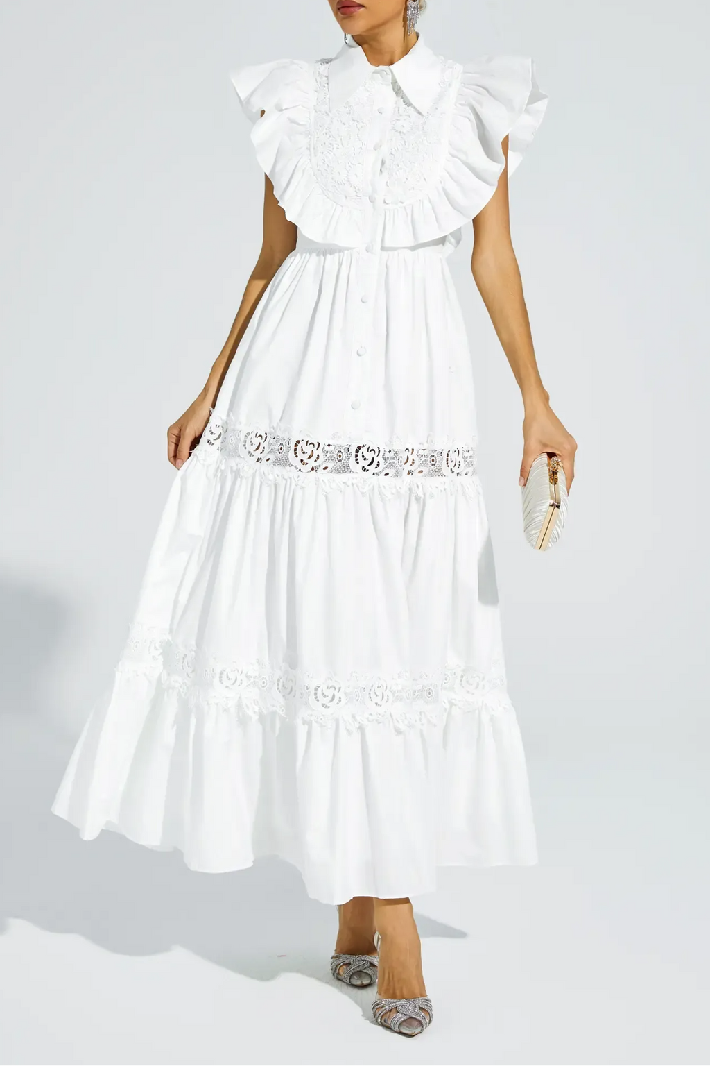 White Sleeveless Ruffle Trim Midi Dress Avalabel