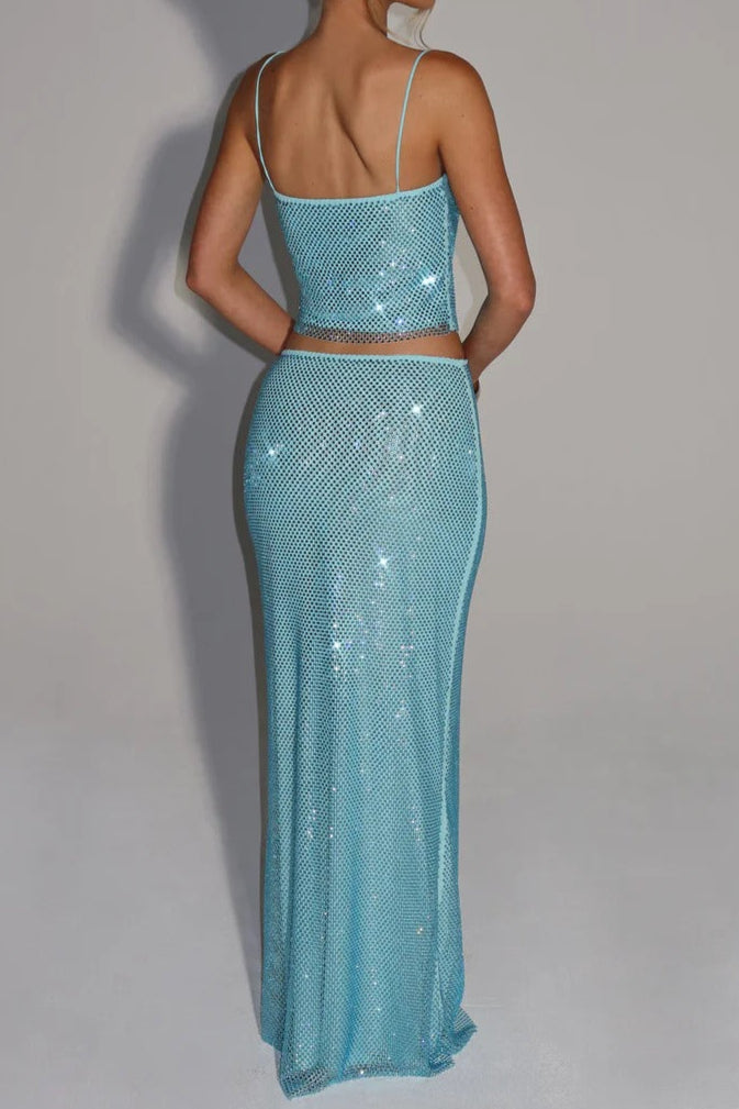 Melissa Sequin Tube Top Maxi Skirt Suit in Blue Avalabel