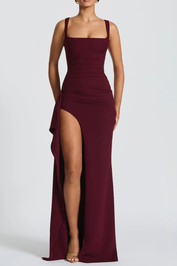 Pleated High Slit Stretch Crepe Maxi Dress in Burgundy Avalabel