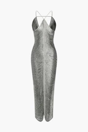 tassel rear slit halterneck dress Avalabel