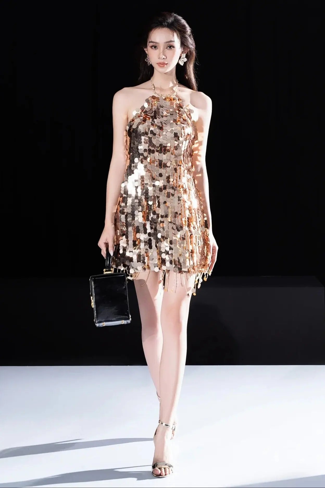 tammy Halter Sleeveless Sequin Mini Dress in gold Avalabel