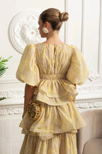 kristin Puff Sleeve Tiered Ruffle Midi Dress - Yellow Avalabel