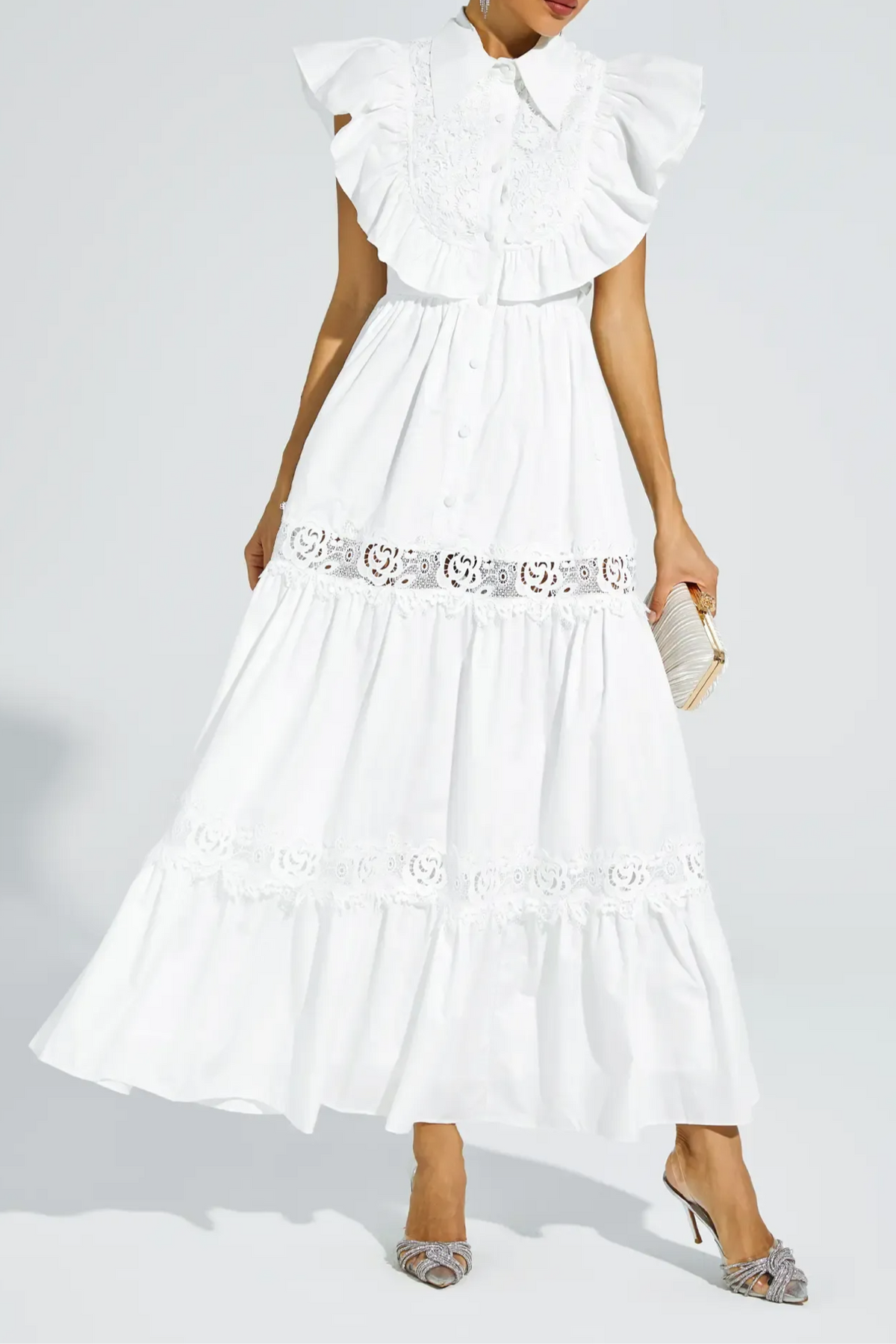 White Sleeveless Ruffle Trim Midi Dress Avalabel