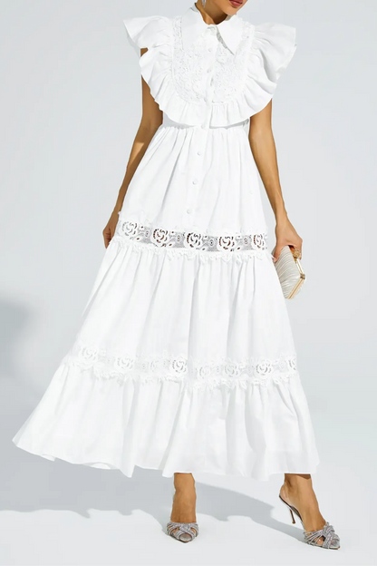 White Sleeveless Ruffle Trim Midi Dress