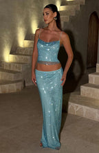 Melissa Sequin Tube Top Maxi Skirt Suit in Blue Avalabel