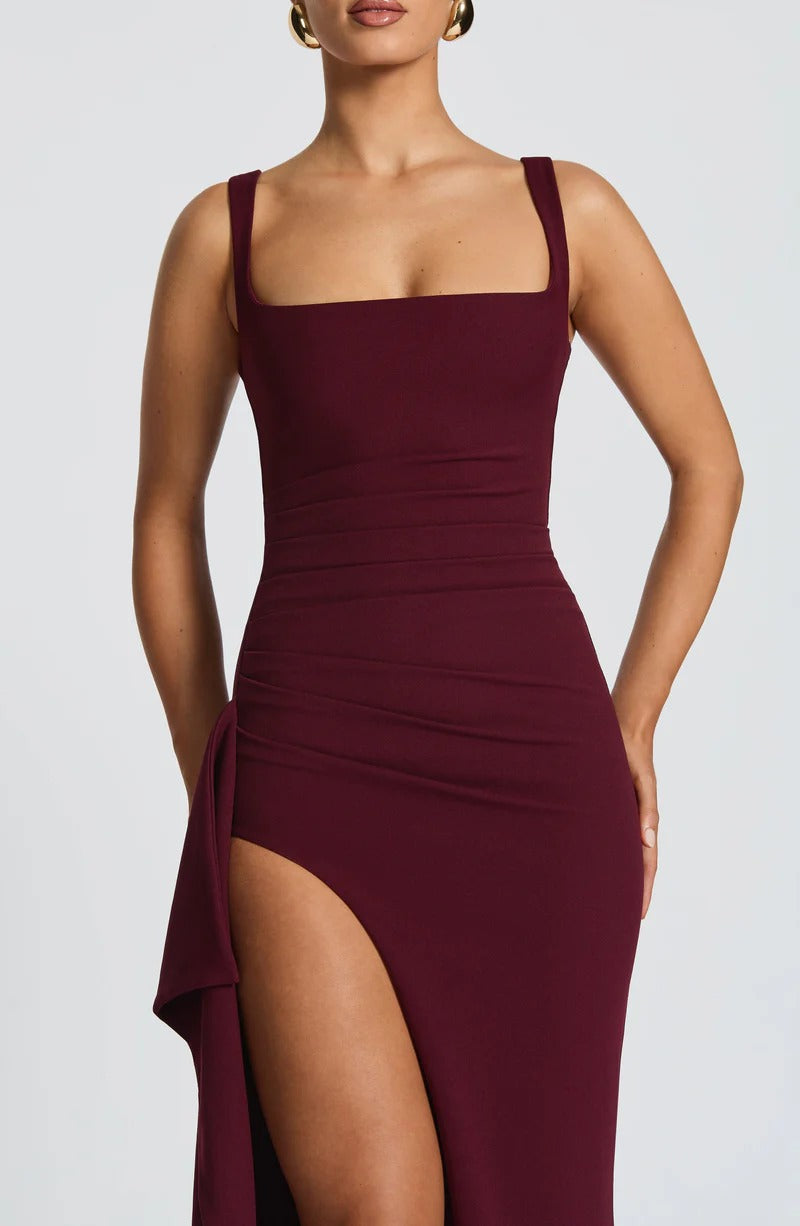 Pleated High Slit Stretch Crepe Maxi Dress in Burgundy Avalabel
