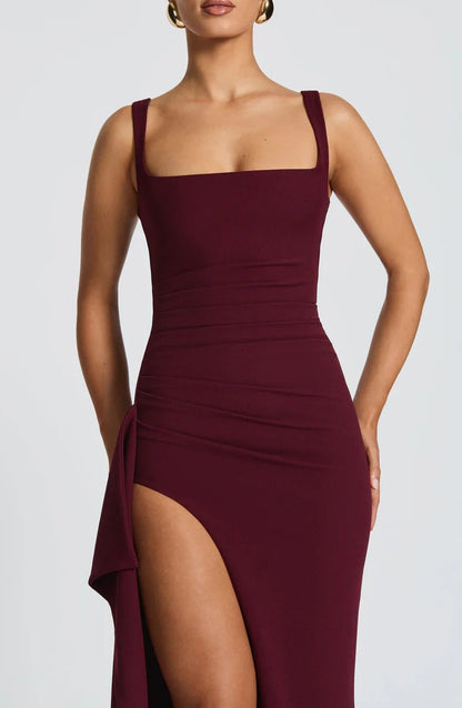 Pleated High Slit Stretch Crepe Maxi Dress in Burgundy