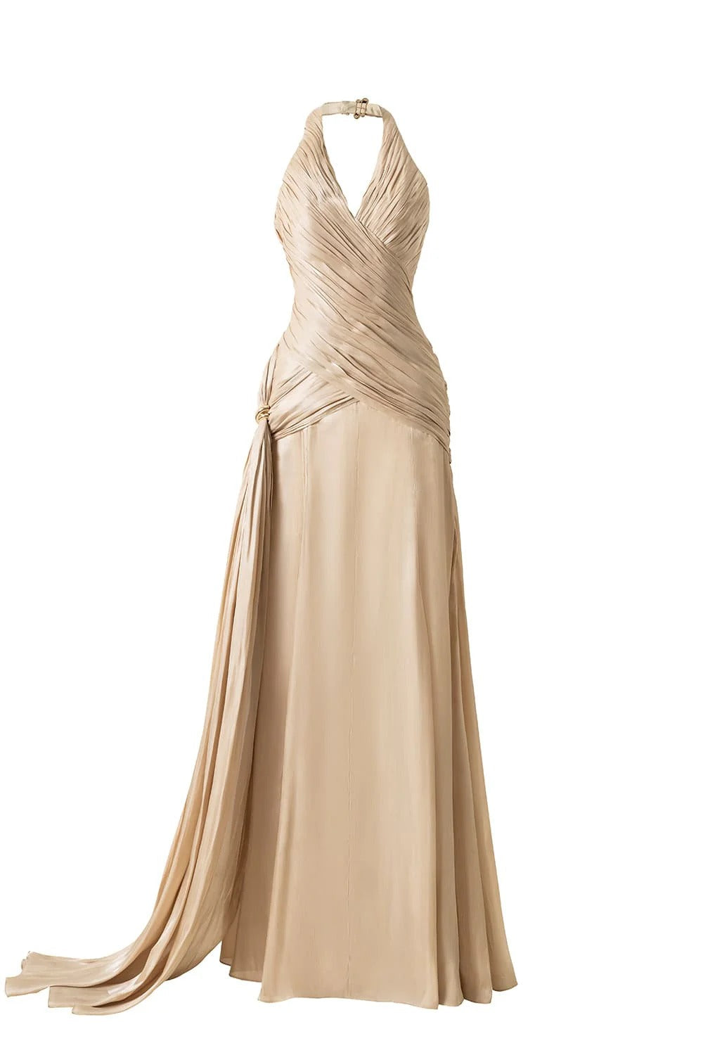 Corset Waist Silk Blend halter Floor Length Dress in Champagne Avalabel