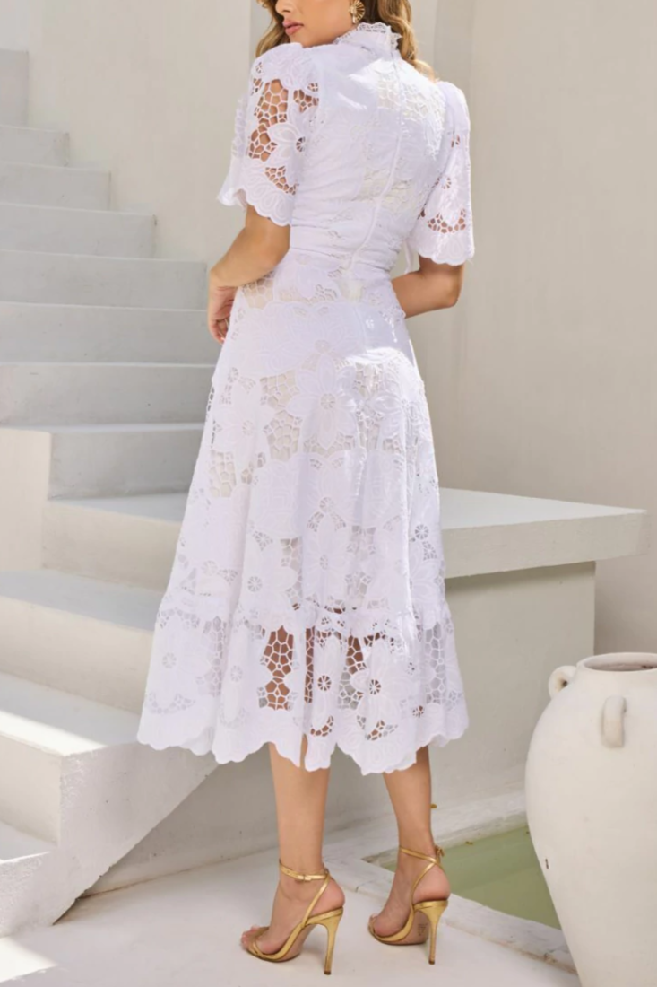 Jessica Lace Hollow Layered Midi Dress in White