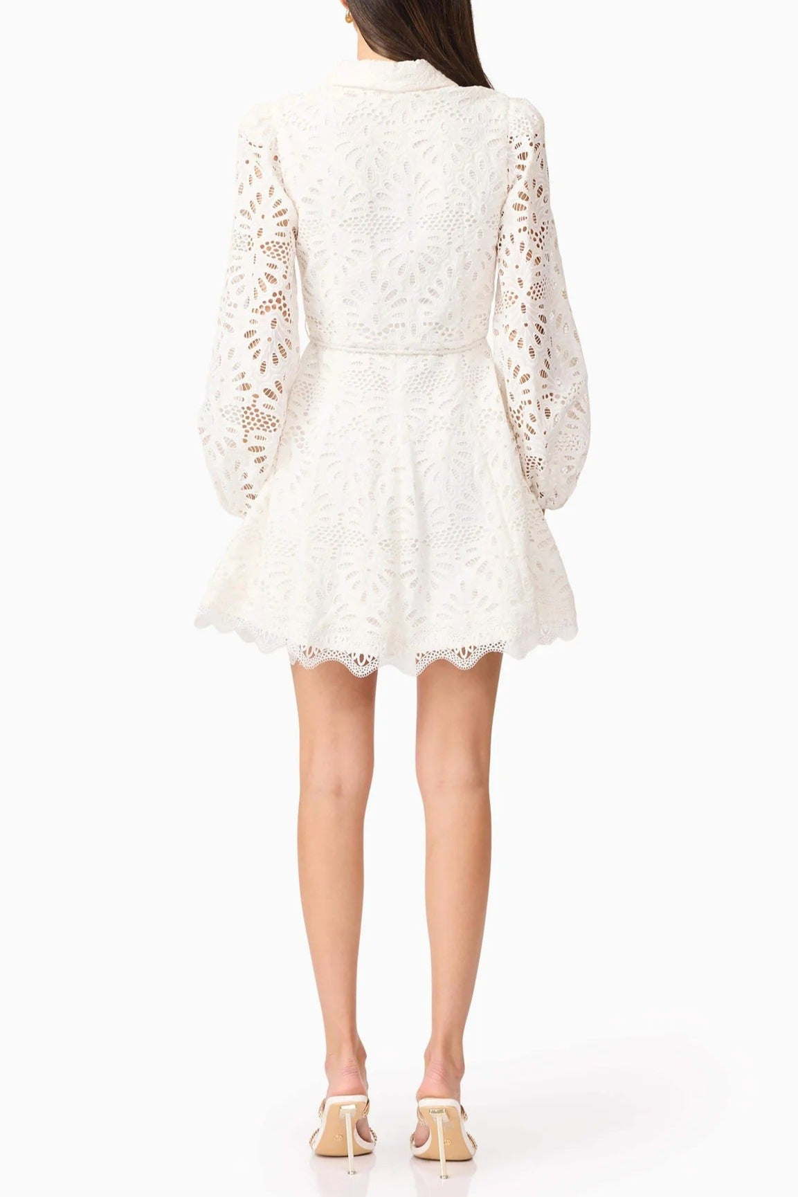 Lapel Hollow Embroidery Puff Sleeve Mini Dress in White Soraya