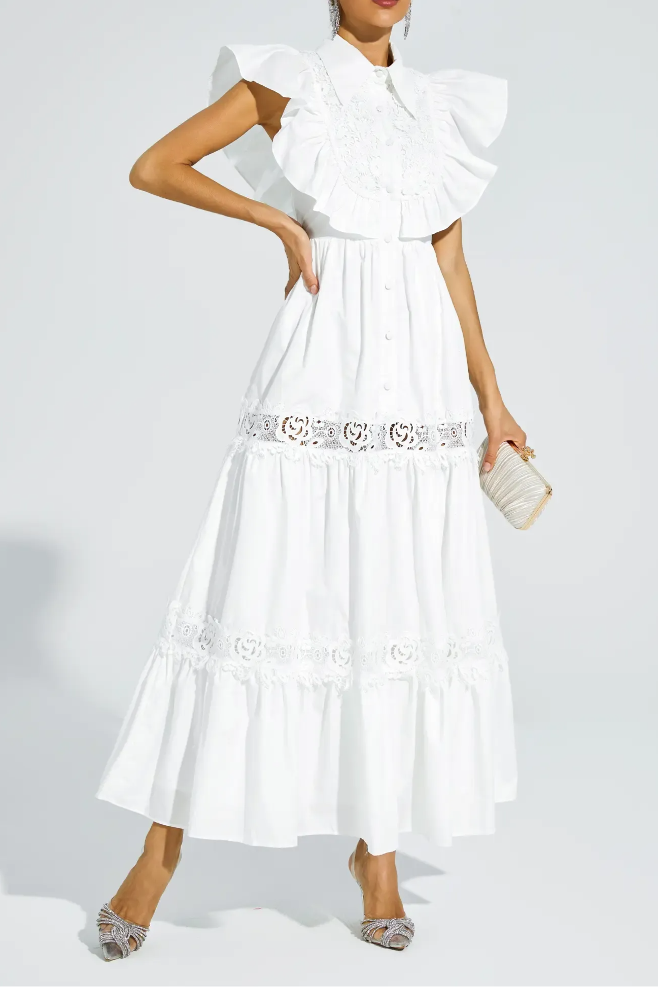 White Sleeveless Ruffle Trim Midi Dress Avalabel