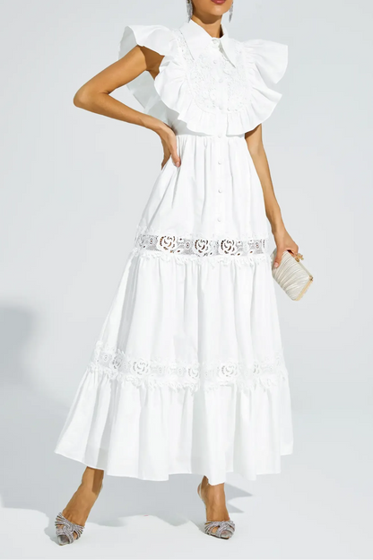 White Sleeveless Ruffle Trim Midi Dress