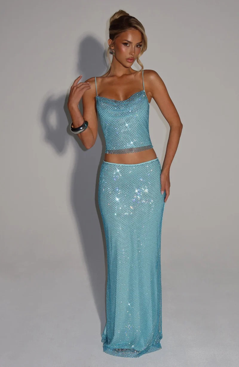 Melissa Sequin Tube Top Maxi Skirt Suit in Blue Avalabel
