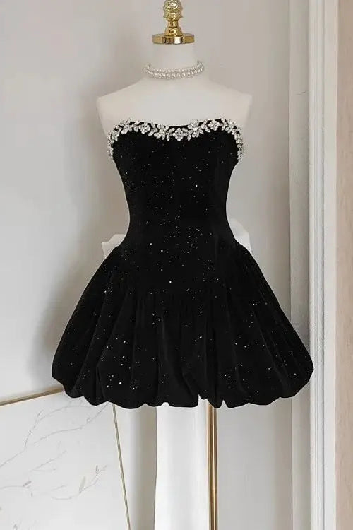 Zaahir Rhinestone Bow Sequin Strapless Mini Dress Avalabel