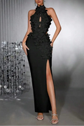 celeste 3d flower halter high slit backless maxi Dress in black Avalabel