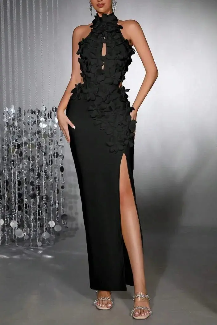 celeste 3d flower halter high slit backless maxi Dress in black Avalabel