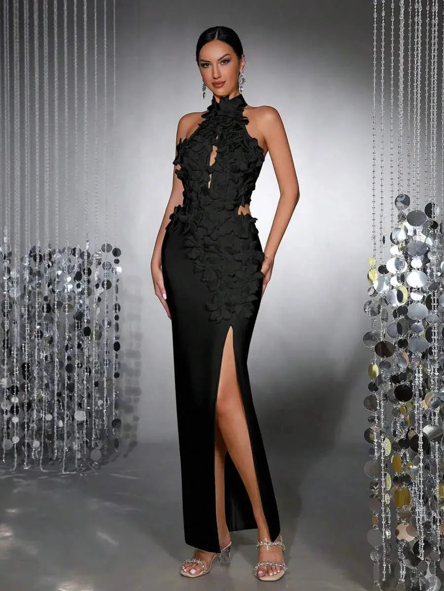 celeste 3d flower halter high slit backless maxi Dress in black Avalabel
