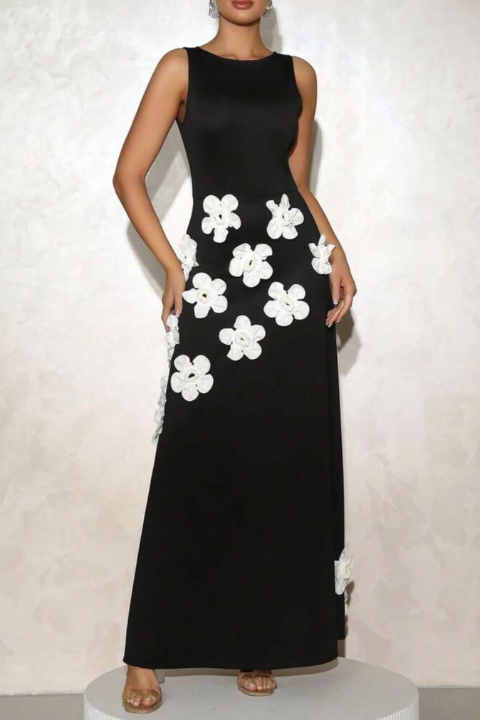 Marcia 3D Flower A-Line Maxi Dress in Black