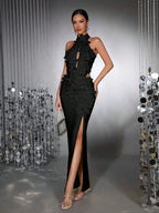 celeste 3d flower halter high slit backless maxi Dress in black Avalabel
