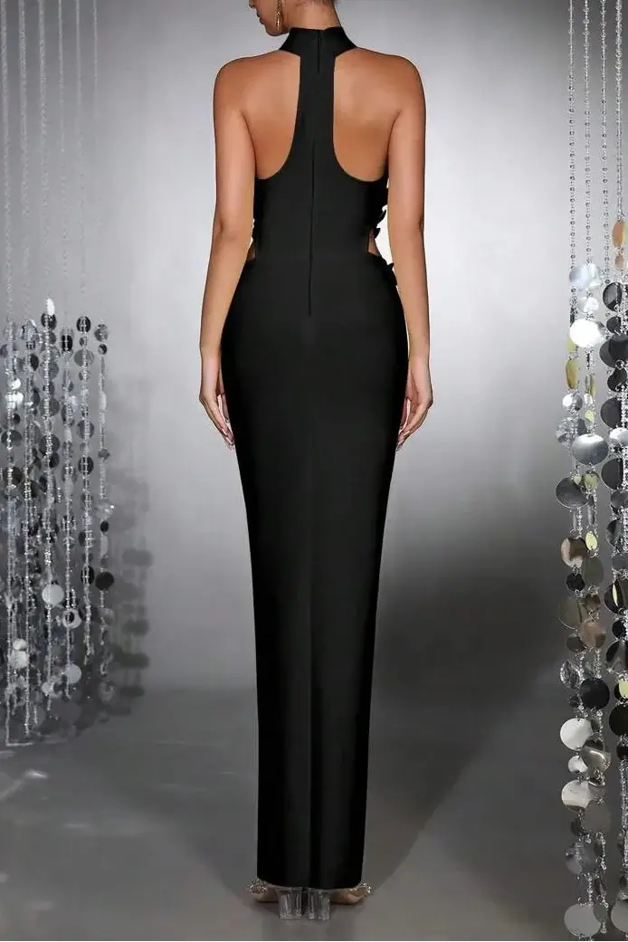 celeste 3d flower halter high slit backless maxi Dress in black Avalabel