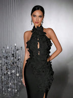 celeste 3d flower halter high slit backless maxi Dress in black Avalabel