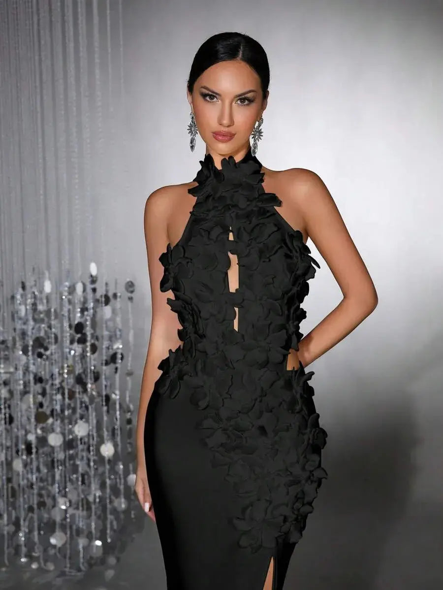 celeste 3d flower halter high slit backless maxi Dress in black Avalabel