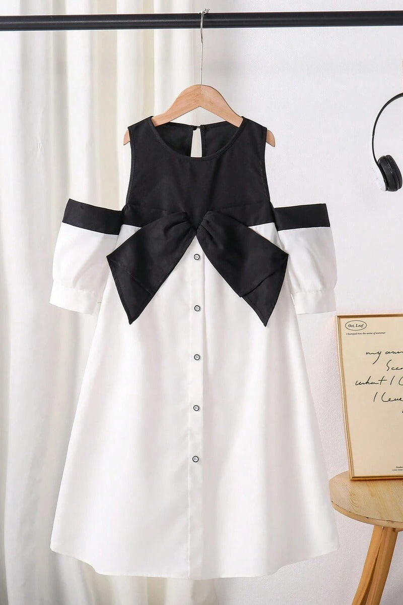 Evelyn Off-Shoulder Contrast Bow Mini Dress Avalabel