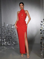 celeste 3d flower halter high slit backless maxi Dress in red Avalabel