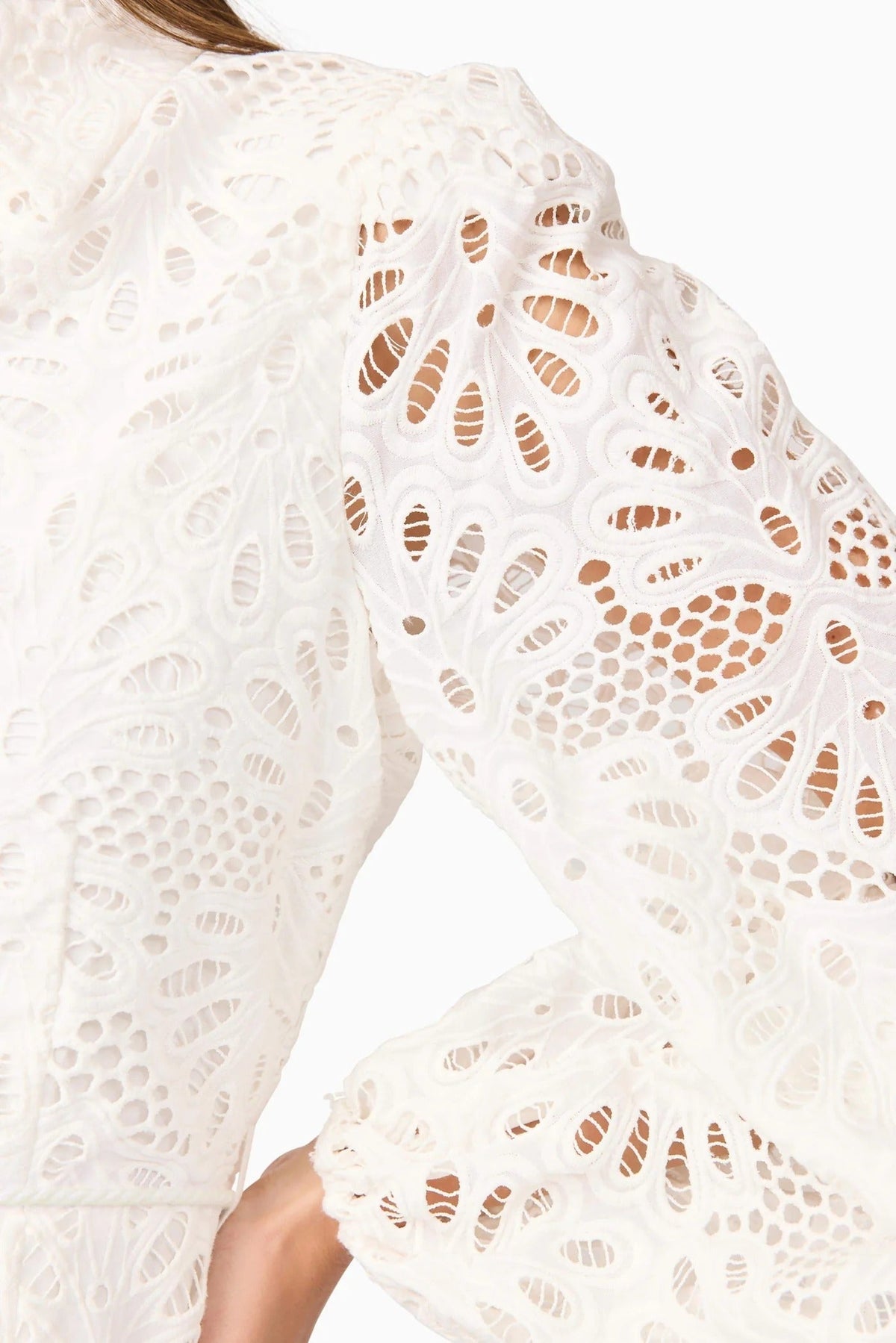 Lapel Hollow Embroidery Puff Sleeve Mini Dress in White Soraya