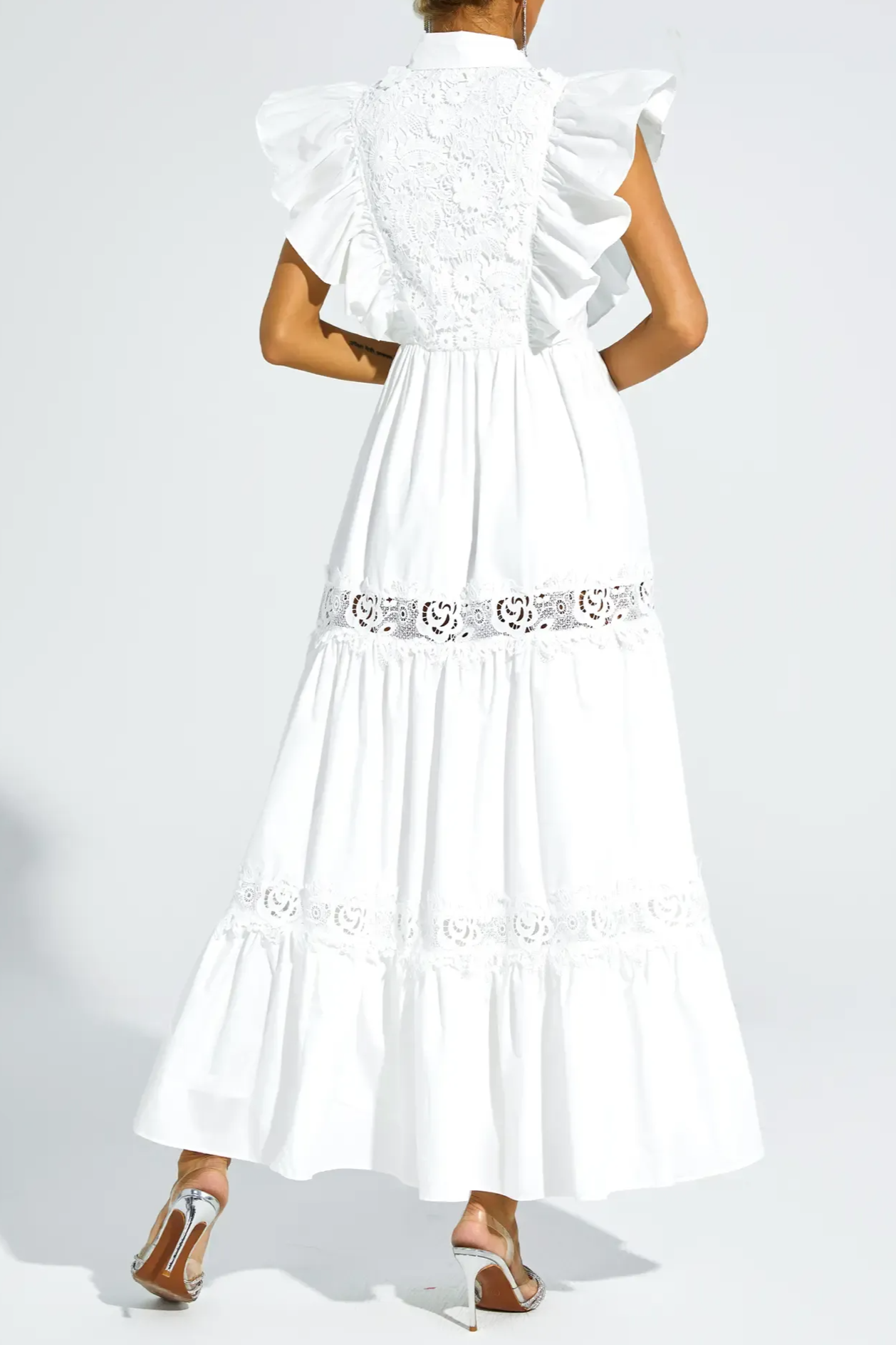 White Sleeveless Ruffle Trim Midi Dress Avalabel