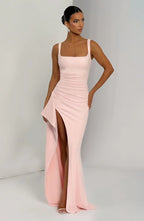 Pleated High Slit Stretch Crepe Maxi Dress in Pink Avalabel