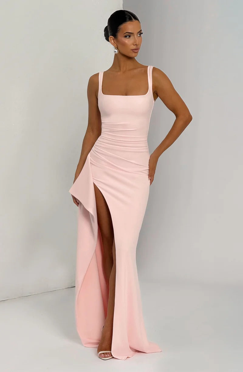 Pleated High Slit Stretch Crepe Maxi Dress in Pink Avalabel